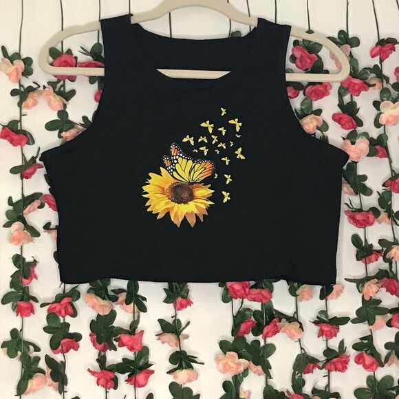 Boutique Tops - Butterfly Sunflower Graphic Cropped Tank Top